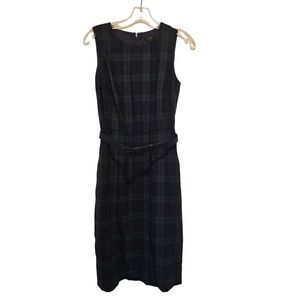 J. Crew Plaid Sheath Dress sz 0 Green Blue w Belt Work Office Career Academic